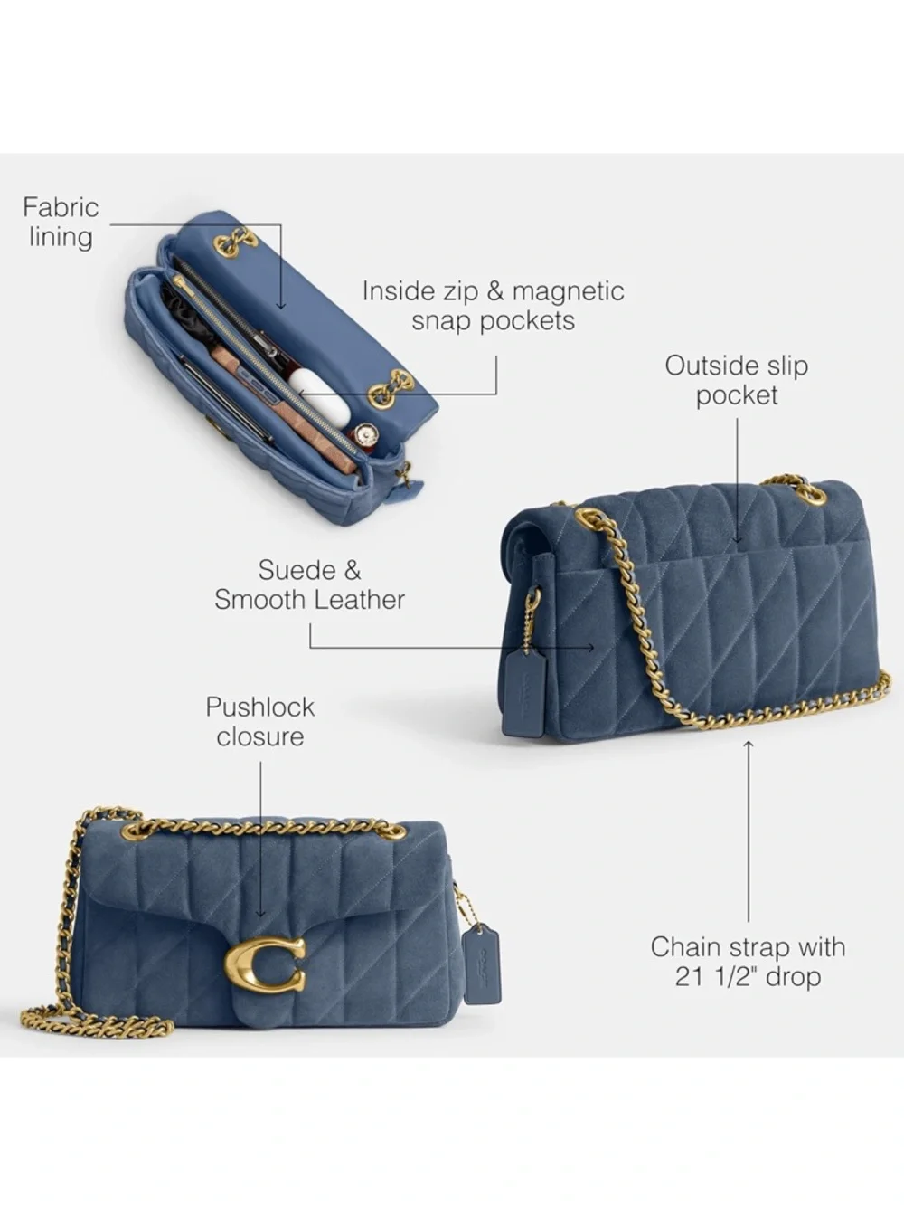 Coach Tabby 26 Quilted Blue Suede Shoulder Bag with Gold Hardware - New